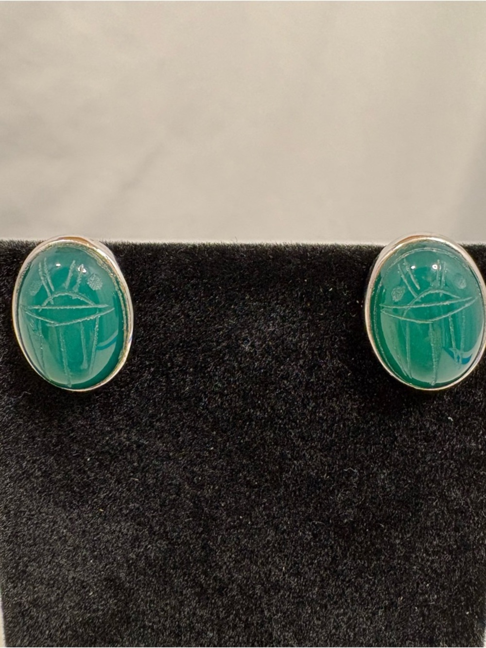 Vintage Green Carved Scarab Beetle Oval Stud Earrings by WRF Sterling Silver